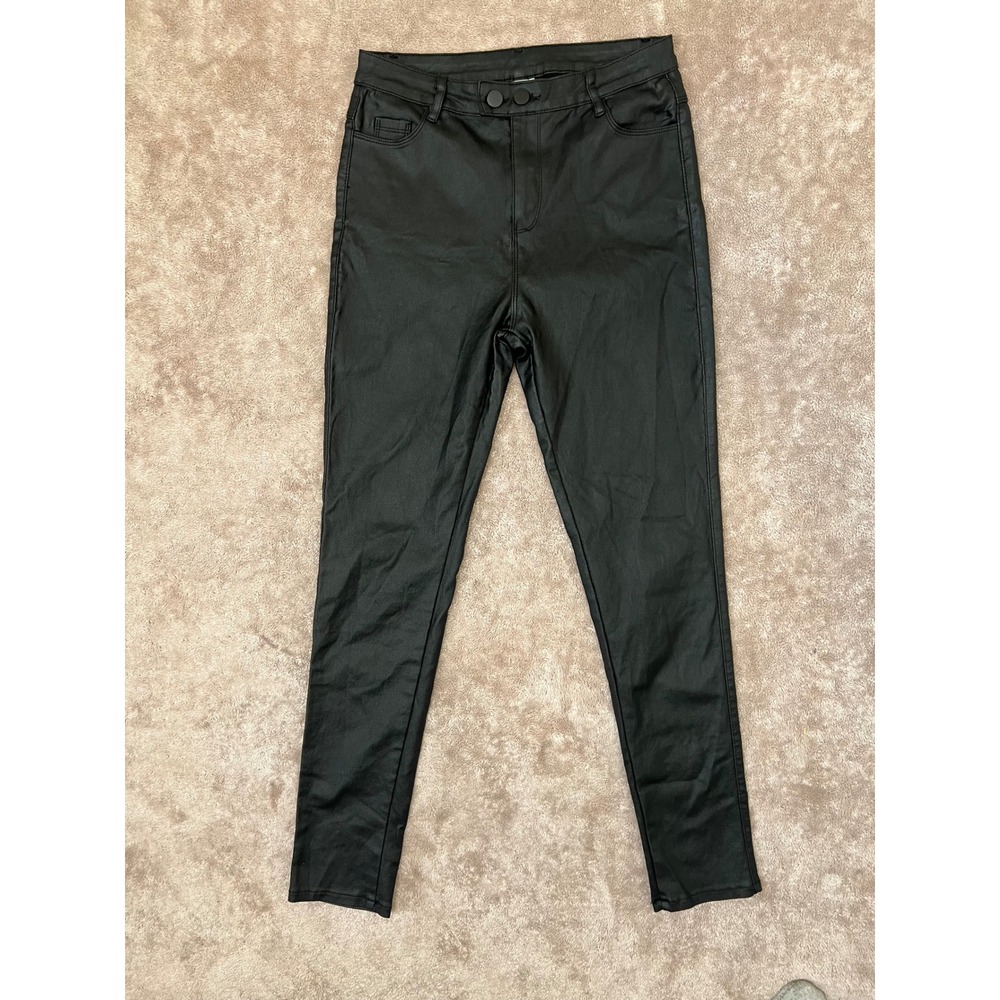 Black Coated Faux Leather High Rise Skinny Pants Double Button Stretch L - Picture 10 of 12